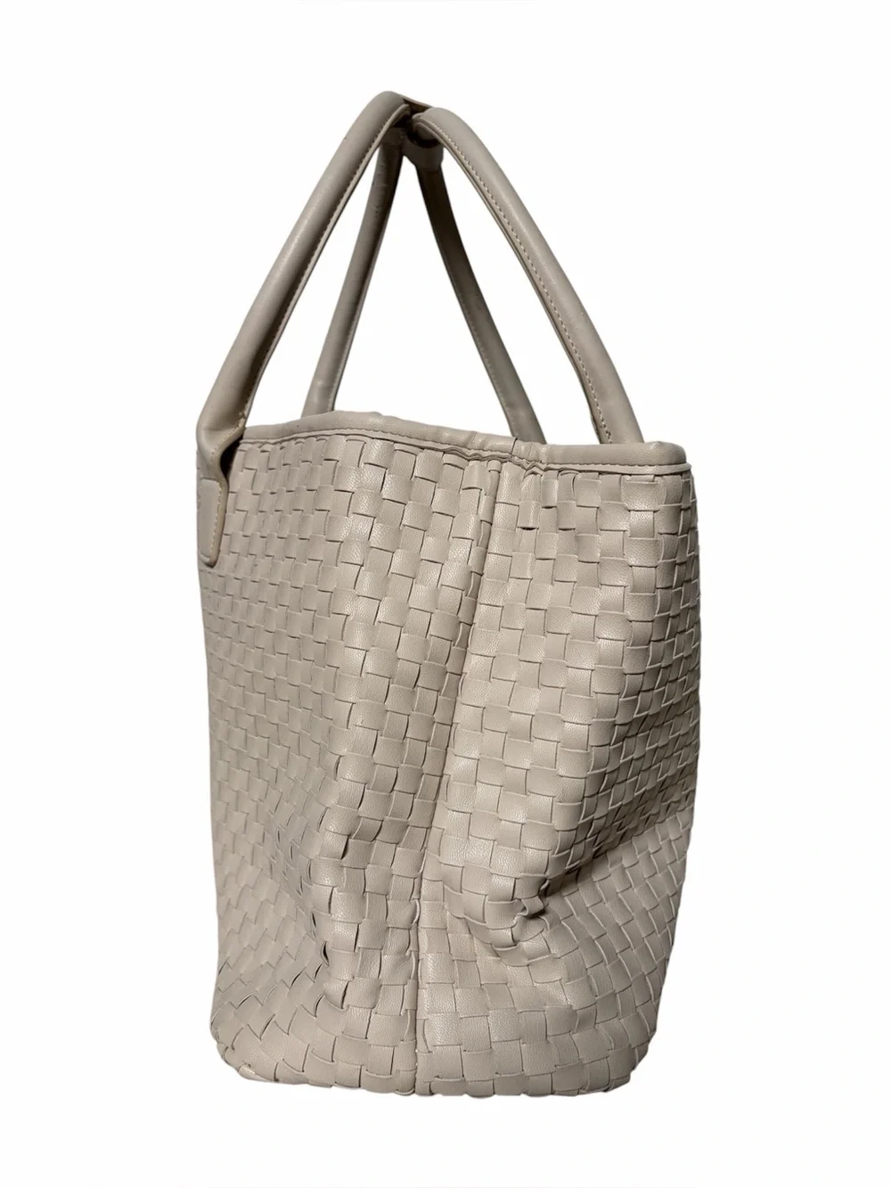 Lulu Dharma Cream Vegan Faux Leather Woven Texture Large Tote Shoulder Bag